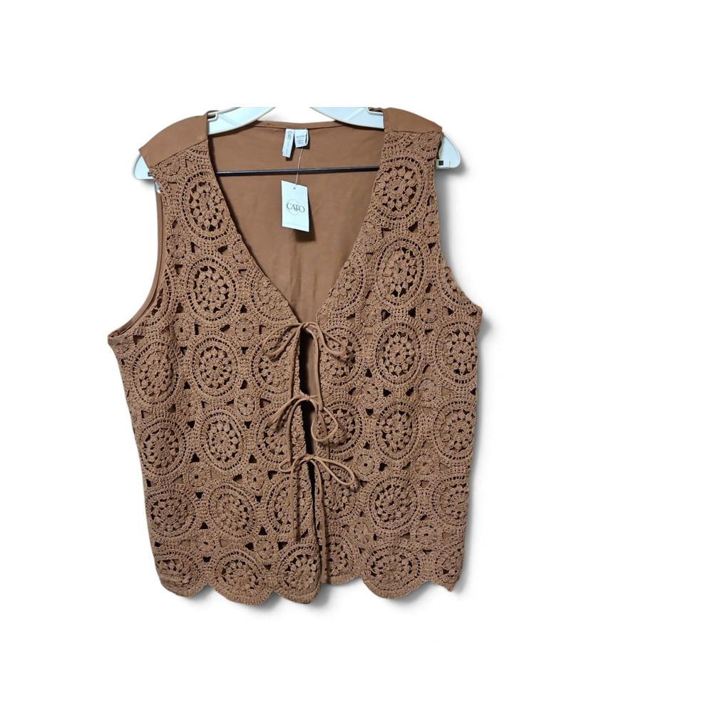 Cato Womens Tan Crochet Lace Tie Front Vest Boho Scalloped Hem Sleeveless 0556